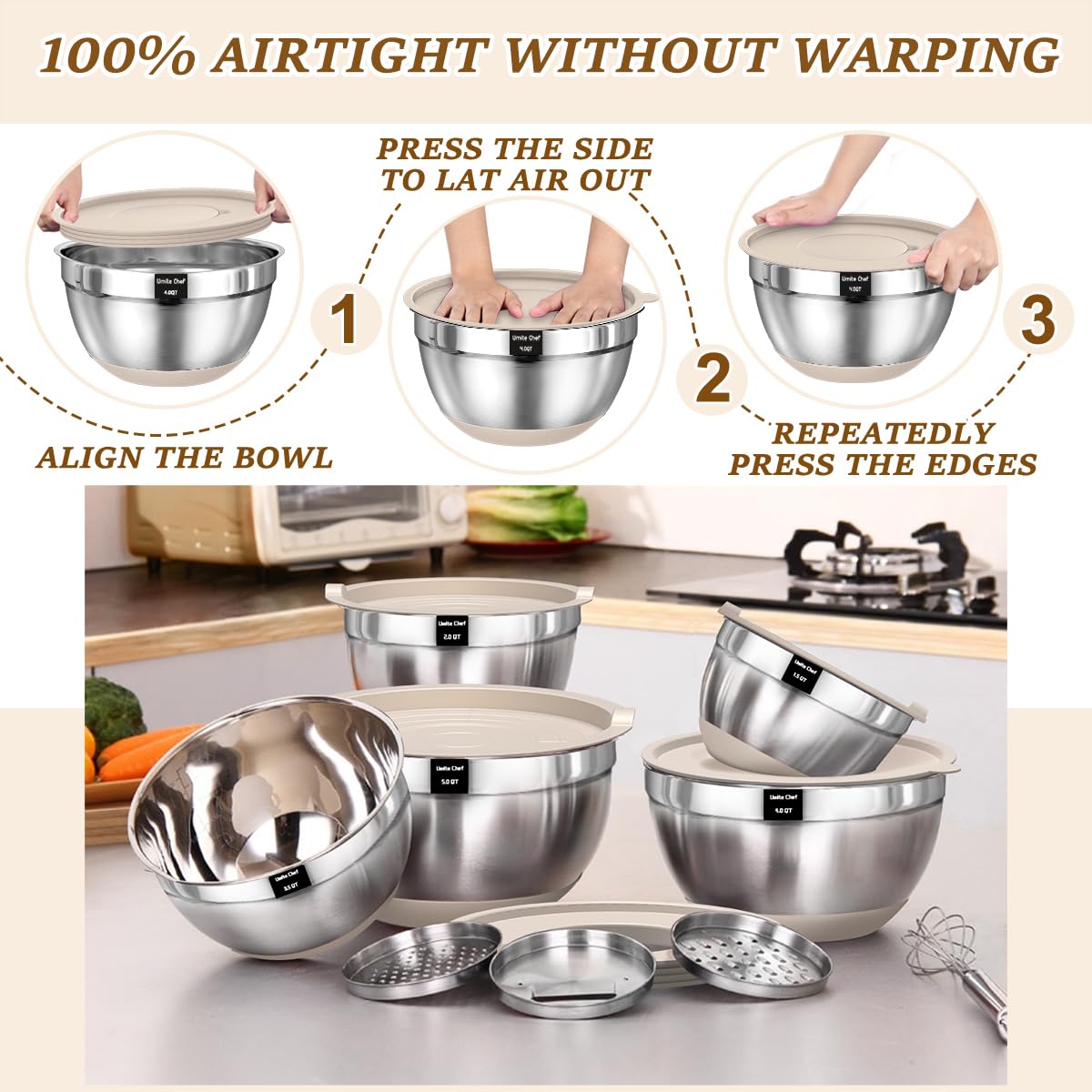 Umite Chef Mixing Bowls with Airtight Lids Set, 8PCS Stainless Steel Khaki Nesting Bowls with Grater Attachments, Kitchen Bowls with Non-Slip Bottoms, Size 5, 4, 3.5, 2, 1.5QT for Mixing & Serving