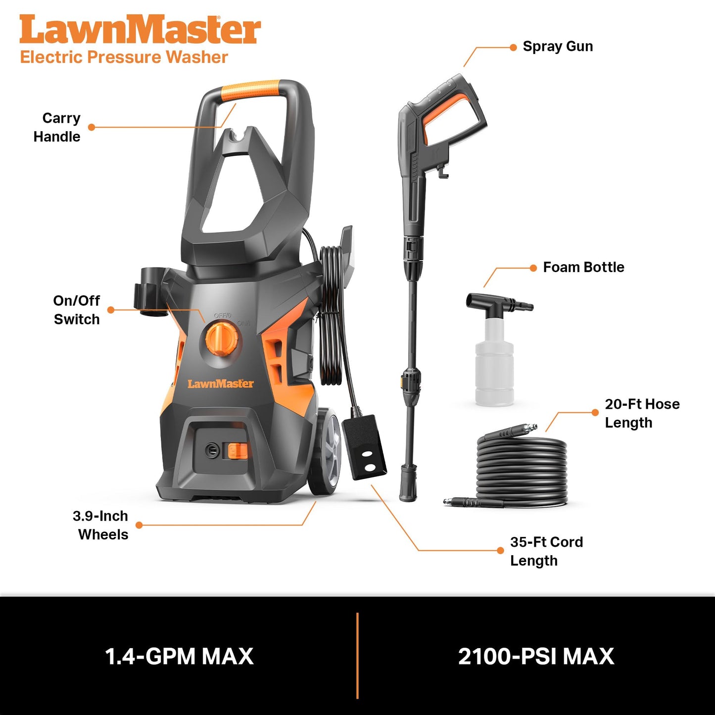 LawnMaster Electric Pressure Washer 2100 PSI 1.4 GPM