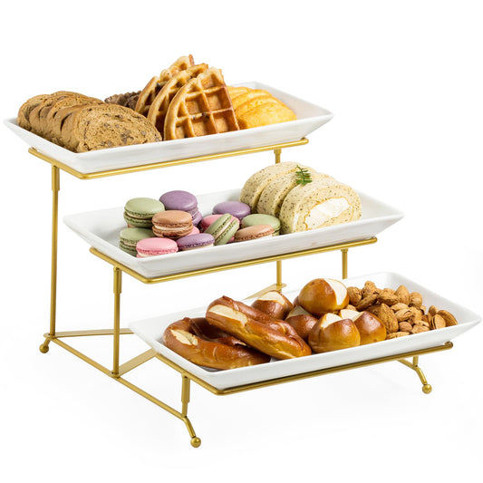 LAUCHUH 3 Tier Serving Stand Porcelain Serving Platter Tier Serving Trays with Collapsible Sturdier Rack, Serving Dishes and Platters for Father's Day, Christmas, Entertaining, Gold, 12 Inch