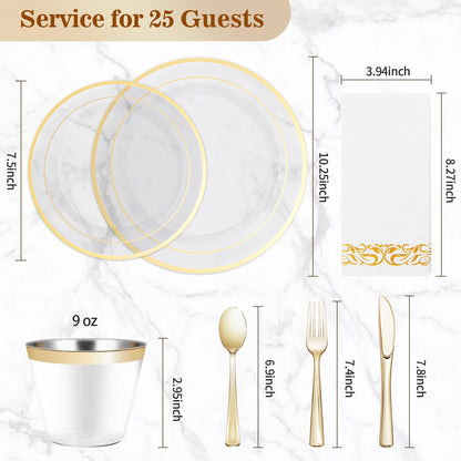 175PCS Clear Gold Disposable Dinnerware Set (25 Guests), Plastic Plates for Party, Wedding, Include: 50Plastic Plates, 25 Gold Silverware, 25 Cups, 25 Napkins