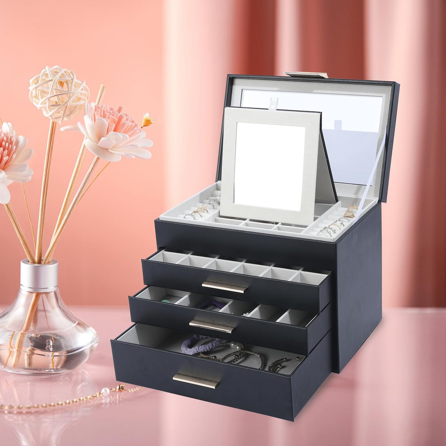 Tian Ye Zhou Jewelry Box with Glass Lids, 4 Layer Large Jewelry Holder Organizer with Mirror, White Jewelry Box with 3 Drawers for Sunglasses, Necklace and Bracelet Storage Gifts for Her (Black)