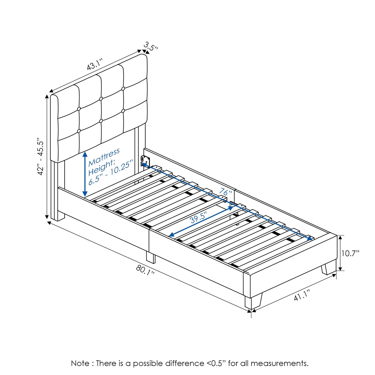 Furinno Laval Button Tufted Upholstered Platform Bed Frame, Twin, Glacier