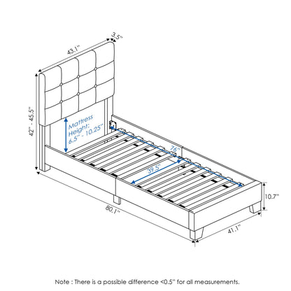 Furinno Laval Button Tufted Upholstered Platform Bed Frame, Twin, Glacier