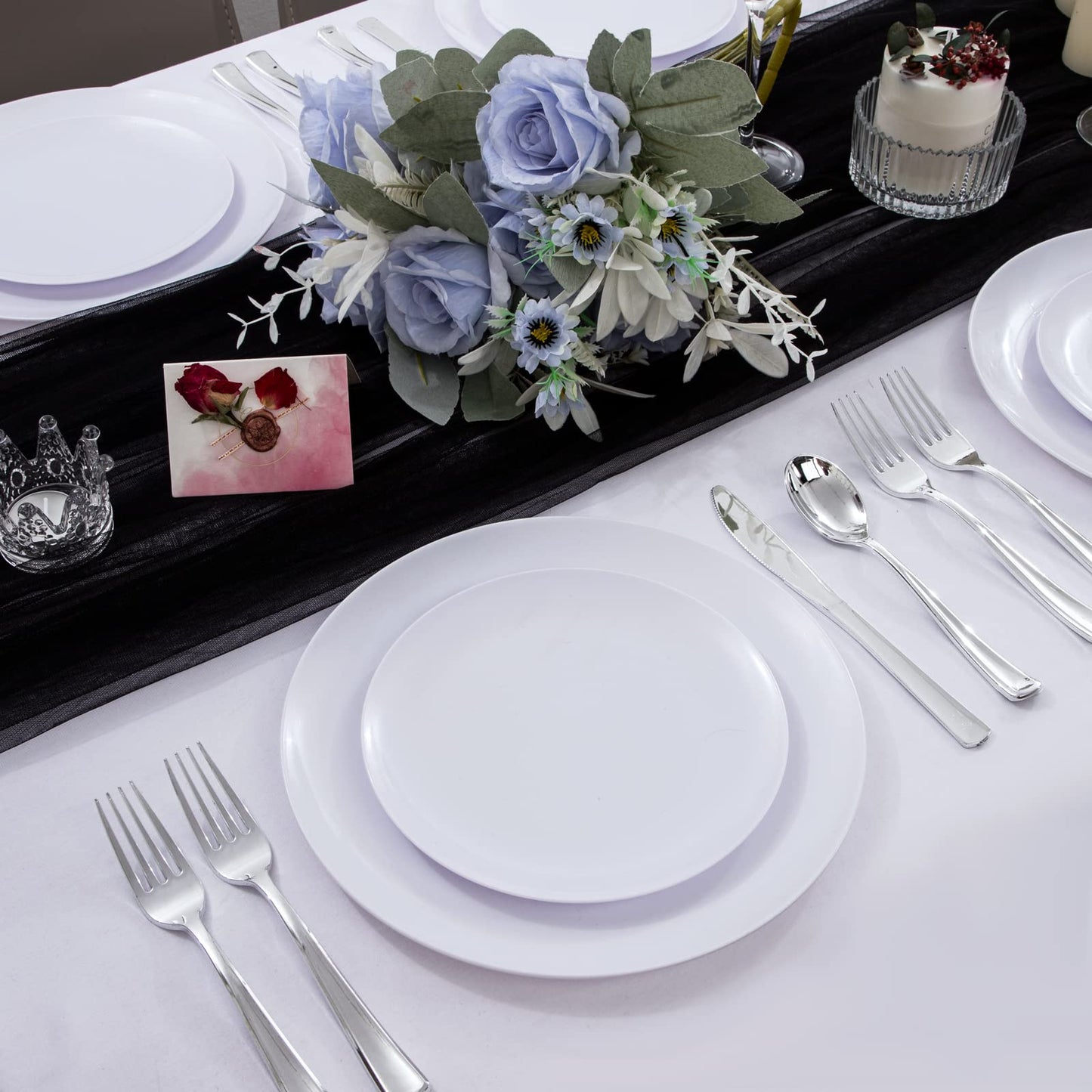 UPDATE: DEAD ❗ YOUBET 150 PCS White Plastic Plates & Silver Plastic Silverware-White and Silver Plastic Dinnerware include 30White Dinner Plates, 30 White Plates, 30Silver Cutlery Perfect for Wedding Party