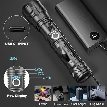 Rechargeable Flashlight High Lumens, Super Bright 100,000 Lumens High Power Flash Light, Handheld Flashlight, Type C Charging Port, Waterproof, Power Display, Long Lasting, Tactical Light for Hiking