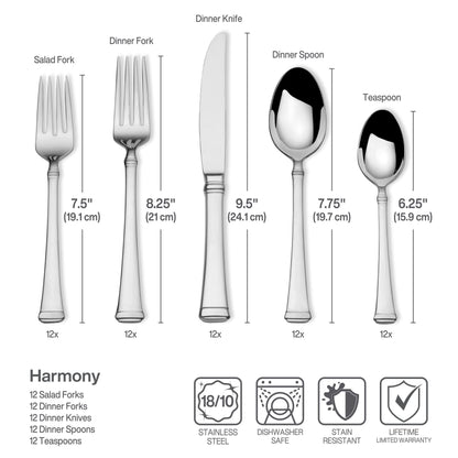 Mikasa, Harmony Flatware Service for 12, 65 Piece Set, 18/10 Stainless Steel, Silverware Set with Serving Utensils