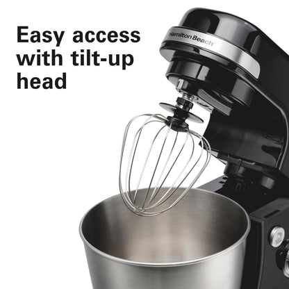 Hamilton Beach Electric Stand Mixer, 4 Quarts, Dough Hook, Flat Beater Attachments, Splash Guard 7 Speeds with Whisk, Black