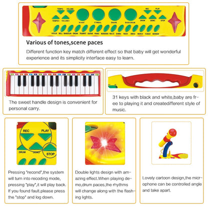 Kids Piano Keyboard Toys 31 Keys,Electronic Piano for Beginners,3 4 5 6 7 8 Years Old Toddler Girl Boy Gift,Musical Instrument, w/Microphone,Multiple Sounds,Stool,Recordings,Note Stickers - Red