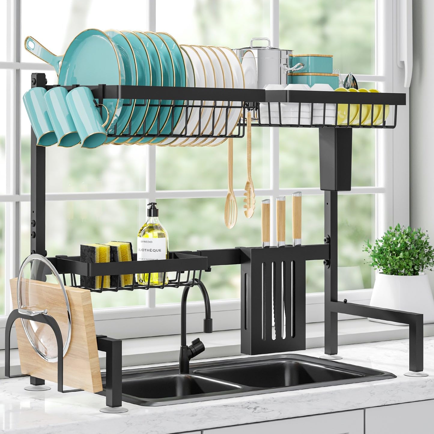 Sakugi Dish Drying Rack - Large Over The Sink Dish Drainer Drying Rack (30.0" to 33.9" W), Large Capacity Stainless Steel Dish Rack, Multifunctional Kitchen Organizers and Storage Rack, Black