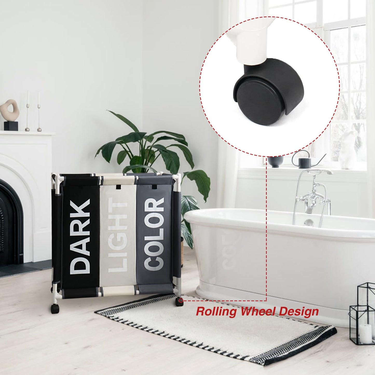 3-Section Laundry Hamper with Rolling Wheels