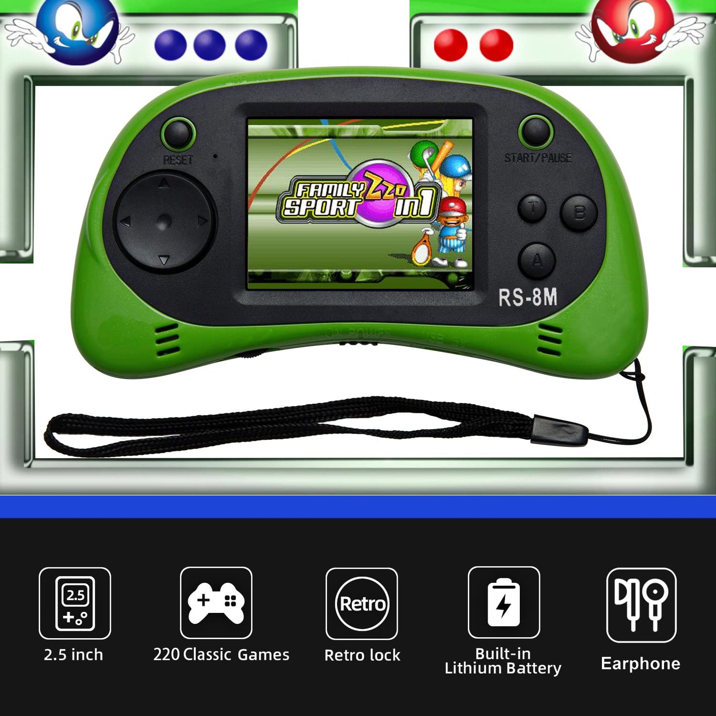 E-MODS GAMING Kids Handheld Games 16 Bit Retro Video Games Console with 220 HD Electronic Games - 2.5'' LCD Portable Travel Games Entertainment Gifts for Boys Girls Ages 4-12 (Lime Green)