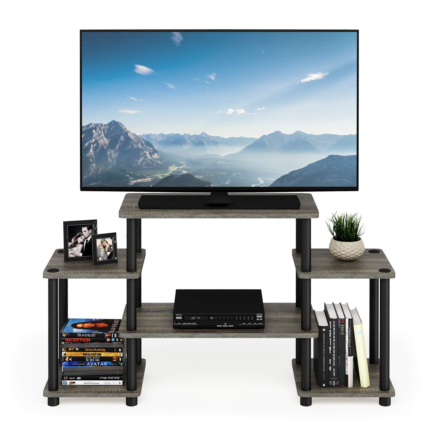 Furinno Turn-N-Tube No Tools Entertainment Center, Round Square Corner, French Oak Grey/Black