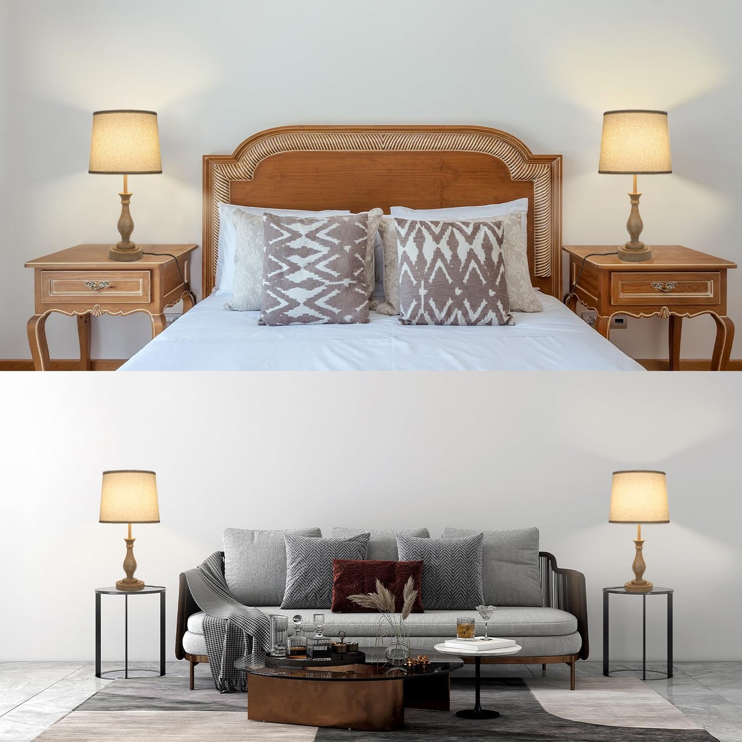 Touch Lamps for Bedrooms Set of 2, Farmhouse Table Lamp with Dual USB Charging Ports, 3 Way Dimmable Nightstand Lamps with Linen Fabric Lampshade for Bedroom, Living Room (Pack2-01A)