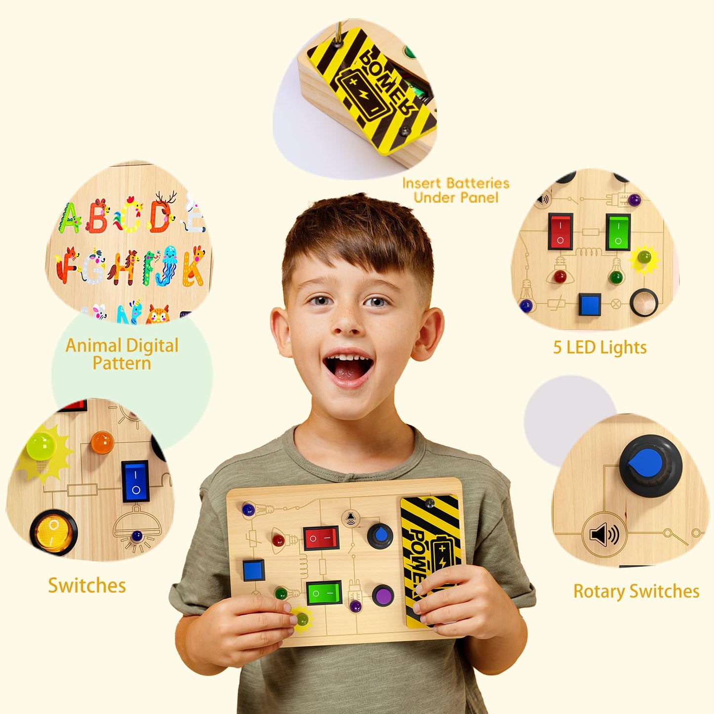 MGparty Toddler Busy Board, Baby Wooden Montessori Toys with LED Light, Travel Fine Motor Sensory Toys for Boys Girls Age 1+ Year Old