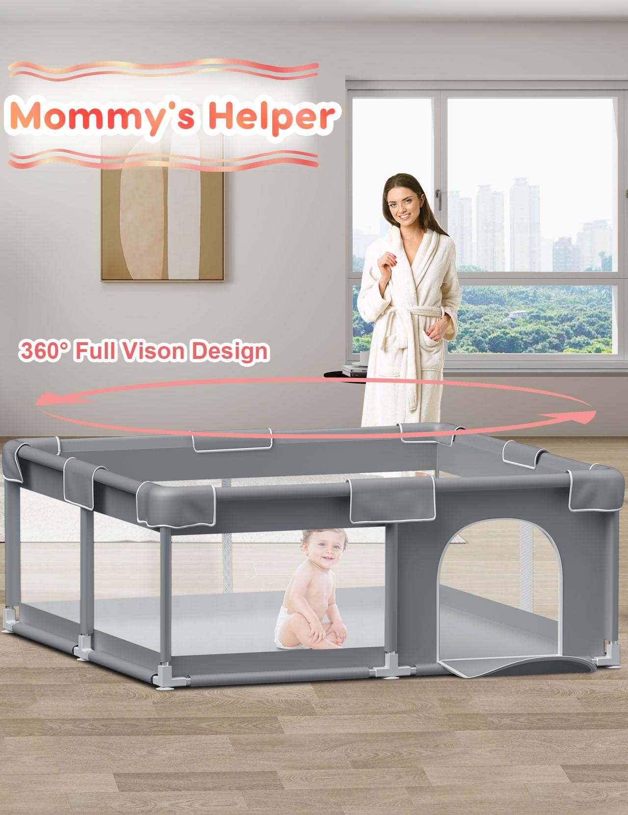 Baby Playpen Baby Play Pen for Babies and Toddlers Safe Anti-Fall Baby Play Yards Indoor & Outdoor Sturdy Safety Baby Activity Center with Soft Breathable Mesh Baby Fence 50×50 Inch