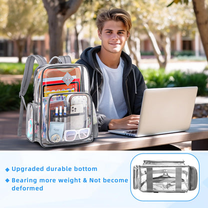 ASKSKY Large Clear Backpack for Men, Heavy Duty PVC Transparent Bookbag for Women Stadium Approved See Through Back Pack Fits 16 inch Laptop for School Work Travel, Gray
