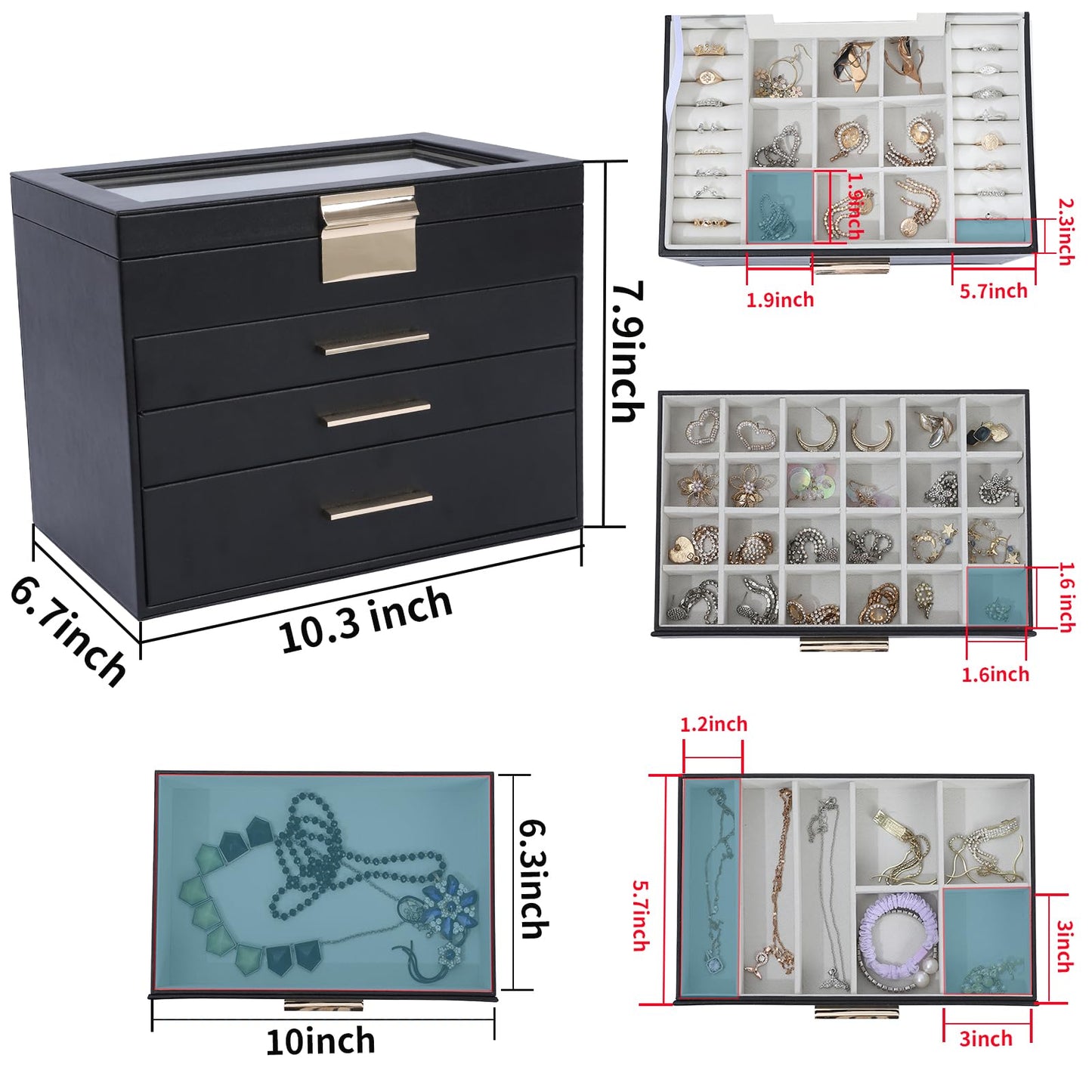 Tian Ye Zhou Jewelry Box with Glass Lids, 4 Layer Large Jewelry Holder Organizer with Mirror, White Jewelry Box with 3 Drawers for Sunglasses, Necklace and Bracelet Storage Gifts for Her (Black)