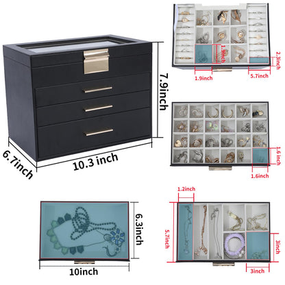 Tian Ye Zhou Jewelry Box with Glass Lids, 4 Layer Large Jewelry Holder Organizer with Mirror, White Jewelry Box with 3 Drawers for Sunglasses, Necklace and Bracelet Storage Gifts for Her (Black)