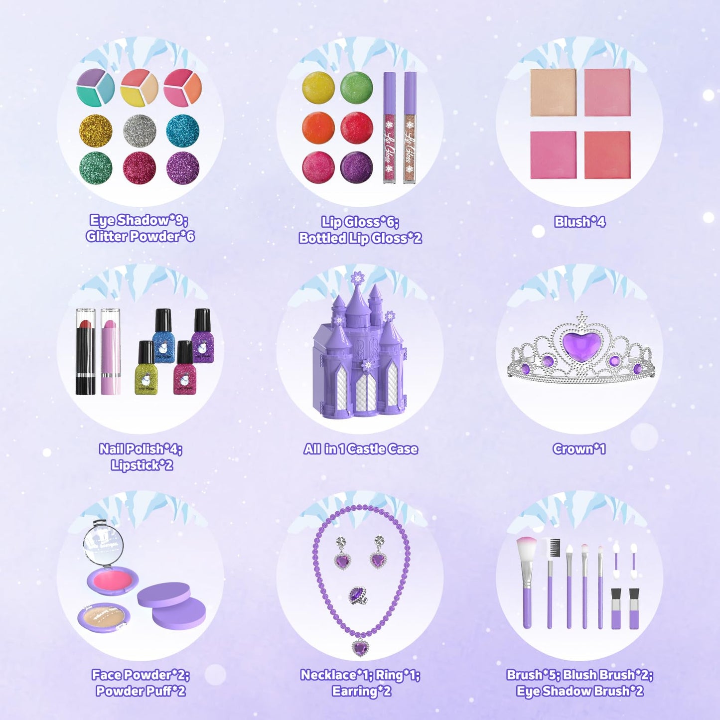 PERRYHOME Kids Makeup Kit for Girl 52 Pcs Frozen Castle Toys for Girls, Safe & Non-Toxic & Washable Little Girl Makeup Set, Toddler Girl Toy Christmas & Birthday Girl Gift for 3-12 (Purple)