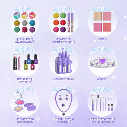 PERRYHOME Kids Makeup Kit for Girl 52 Pcs Frozen Castle Toys for Girls, Safe & Non-Toxic & Washable Little Girl Makeup Set, Toddler Girl Toy Christmas & Birthday Girl Gift for 3-12 (Purple)