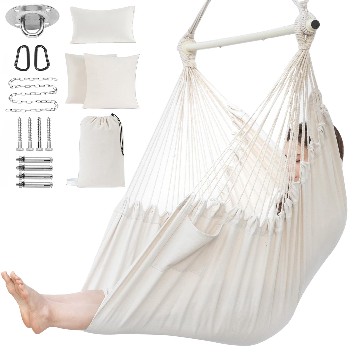 PNAEUT Modern Style Hanging Chair for Bedroom with 2 Cushions and Pillow (Beige)