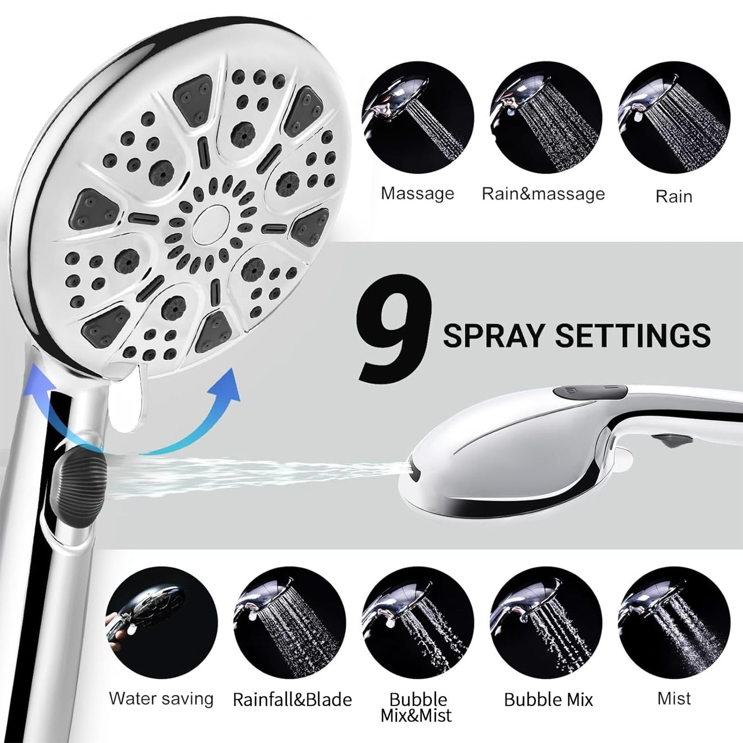 High Pressure Handheld Shower Head with 9 Settings