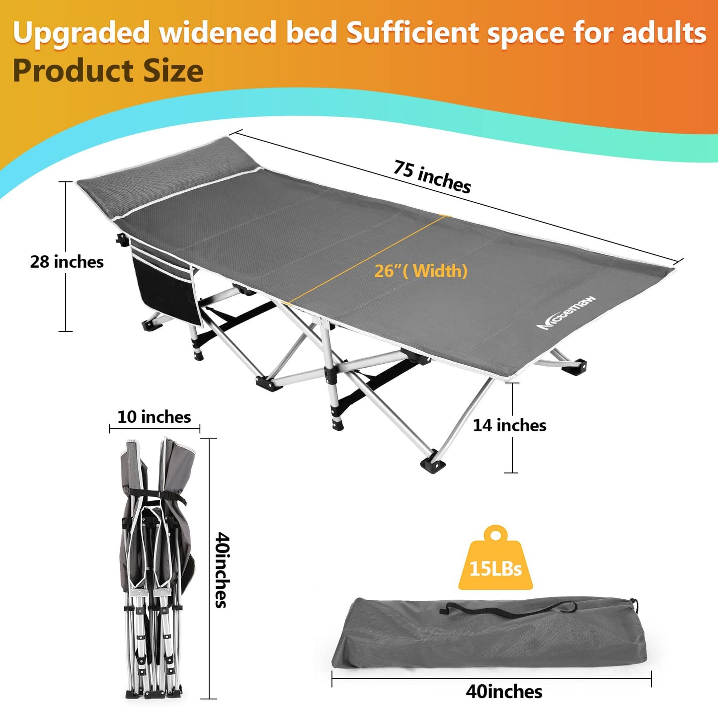 Homdox Portable Folding Camping Cot, Adjustable Adults Reclining Chaise with Pillow, Outdoor Lounge Chair Sleeping Cots Bed, Perfect for Camping, Pool, Beach, Patio