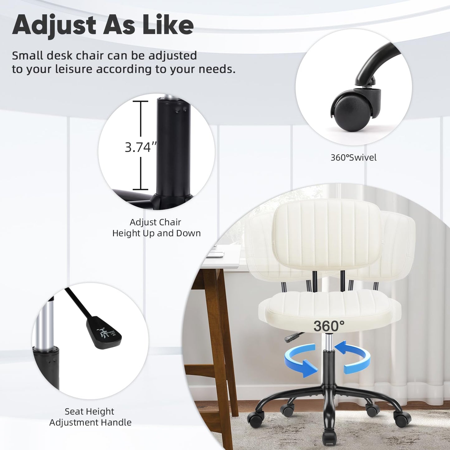 Sweetcrispy Small Desk Chair Armless,Comfortable Office Chair with Wheels, Rolling Task Chair with Low Back Lumbar Support, Vanity Chair for Bedroom Living Room Study Room, PU Leather,Crame White