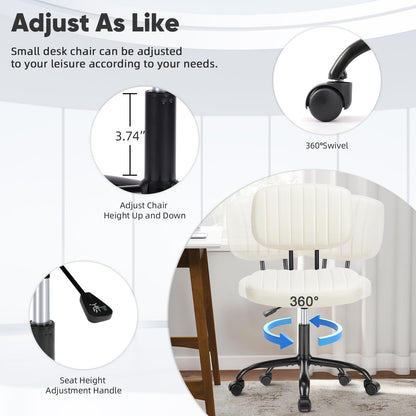 Sweetcrispy Small Desk Chair Armless,Comfortable Office Chair with Wheels, Rolling Task Chair with Low Back Lumbar Support, Vanity Chair for Bedroom Living Room Study Room, PU Leather,Crame White