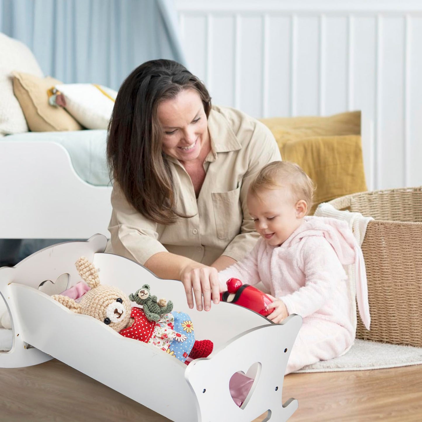 Wooden Baby Doll Cradle with Bedding for Kids