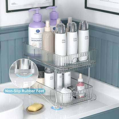Fowooyeen Bathroom Cabinet Organizer, 2 Tier Pull Out Clear Under Sink Organizers and Storage, Multi-Purpose Kitchen Pantry Medicine Organization and Storage Shelves Bins with Movable Dividers