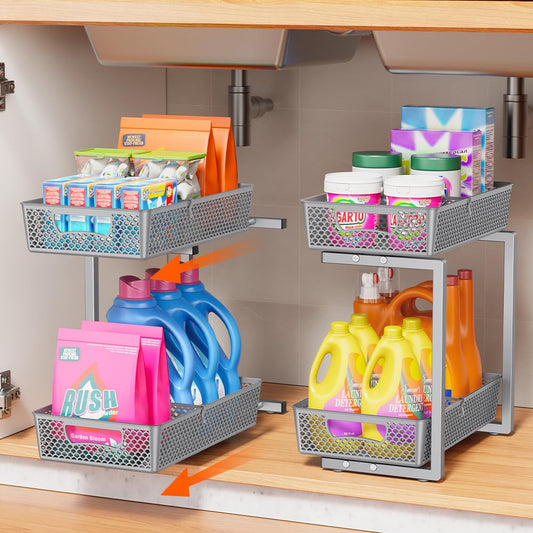 2-Tier Under Sink Organizer with Dividers, Grey