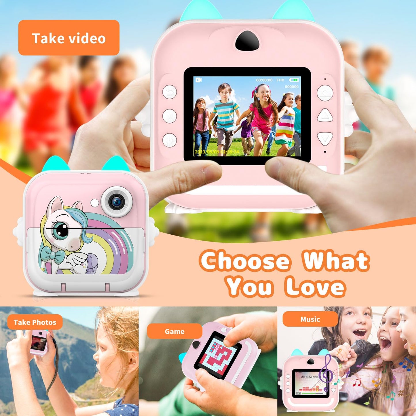 Instant Print Camera for Kids, Christmas Birthday Gifts for Girls Boys, Selfie Digital Camera with 1080P Videos, Portable Travel Camera Toy for 6+ Years Old Girl with Print Paper & 32G Card