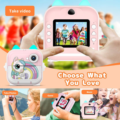 Instant Print Camera for Kids, Christmas Birthday Gifts for Girls Boys, Selfie Digital Camera with 1080P Videos, Portable Travel Camera Toy for 6+ Years Old Girl with Print Paper & 32G Card