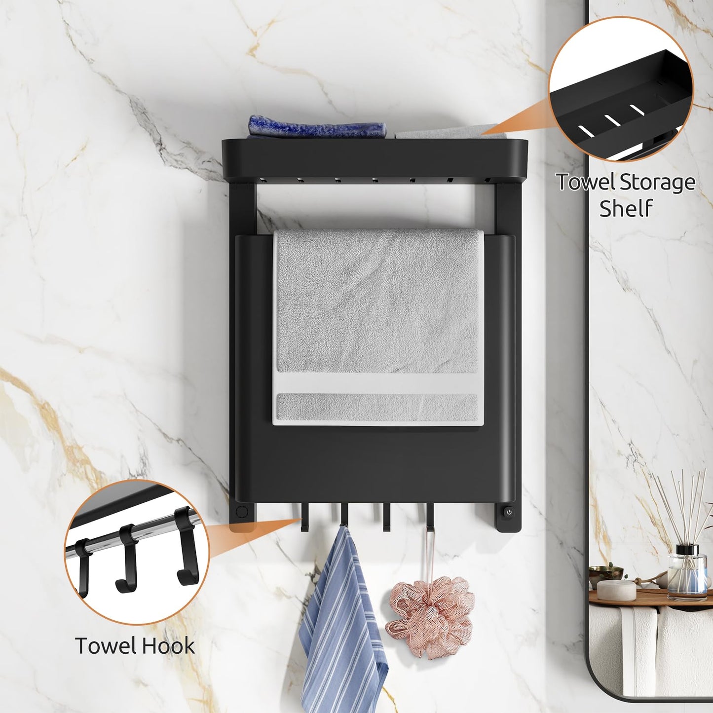 LALAHOO -15.7”x20.9”Heated Towel Rack, Towel Warmer Rack for Bathroom, IP24 Heated Towel Rack Wall Mounted, Heated Towel Warmer with Shelf and Towel Hooks, Towel Dryer Rack Heated