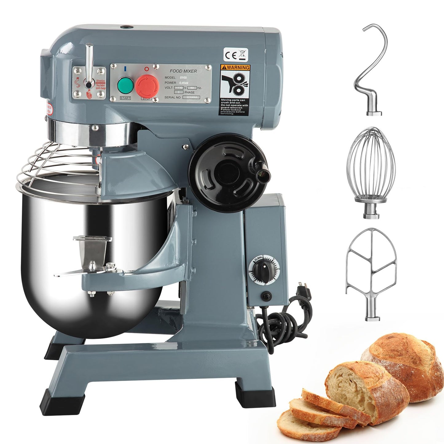 Commercial Food Mixer, Commercial Mixer 10QT 450W, 3 Speeds 130/233/415RPM, Heavy Duty Electric Food Mixer Commercial with Stainless Steel Bowl Stand for Bakery Pizzeria Restaurant