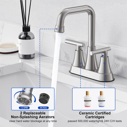 Bathroom Sink Faucet, Hurran 4 inch Brushed Nickel Bathroom Faucets for Sink 3 Hole with Pop-up Drain and Supply Lines, Stainless Steel 2-Handle Centerset Faucet for Bathroom Sink Vanity RV Restroom