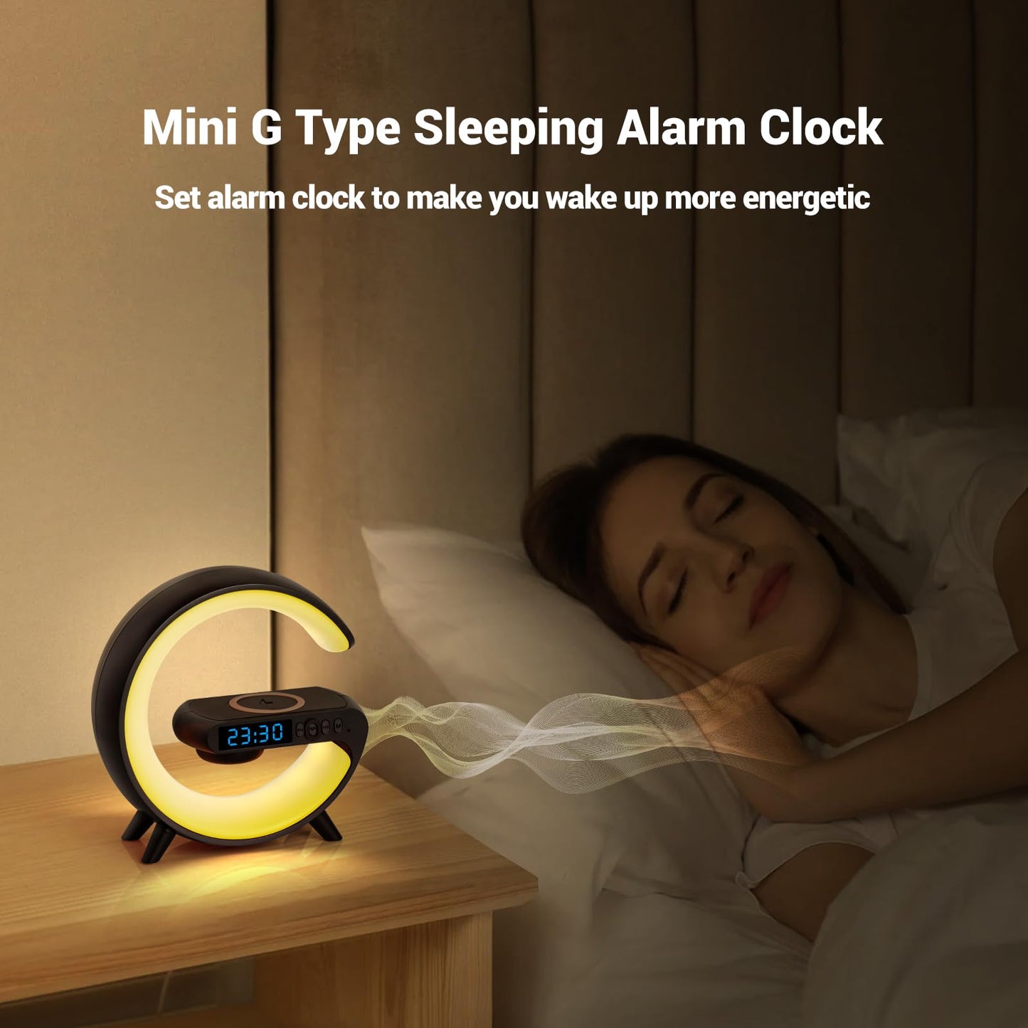 ZOOPEEN Mini G Type Wireless Charging Atmosphere Lamp with Bluetooth Speaker Alarm Clock Night Light 10W Wireless Charger Speaker for Bedside Lamp Ambient Lighting for Christmas Gift(Black)