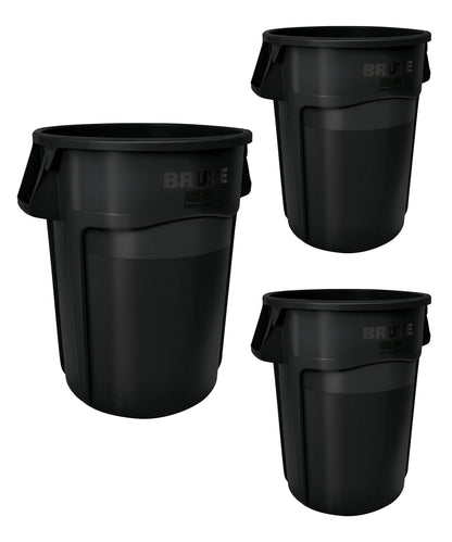 Rubbermaid Commercial Products BRUTE Heavy-Duty Round Trash/Garbage Can with Venting Channels, 44-Gallon, Black, Waste Container for Landscapers/Construction/Restaurants/Warehouses/Home, Pack of 3
