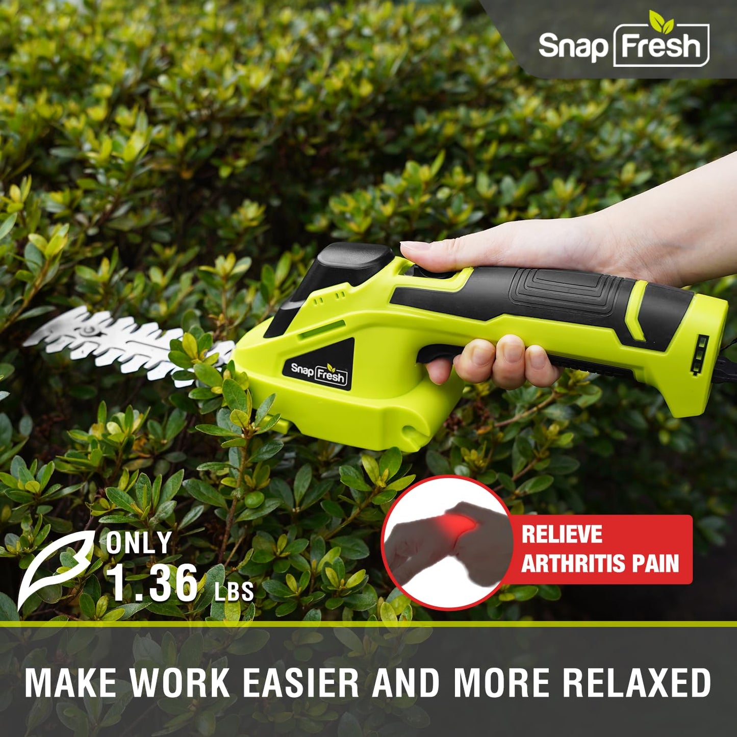 SnapFresh Cordless Grass Shear Bush Trimmer, 2 in 1 Handheld Hedge Trimmer, 7.2V Electric Grass Trimmer, Lightweight Shrubbery Trimmer Battery & Charger Included, Shrub Trimmer for Garden(Green)