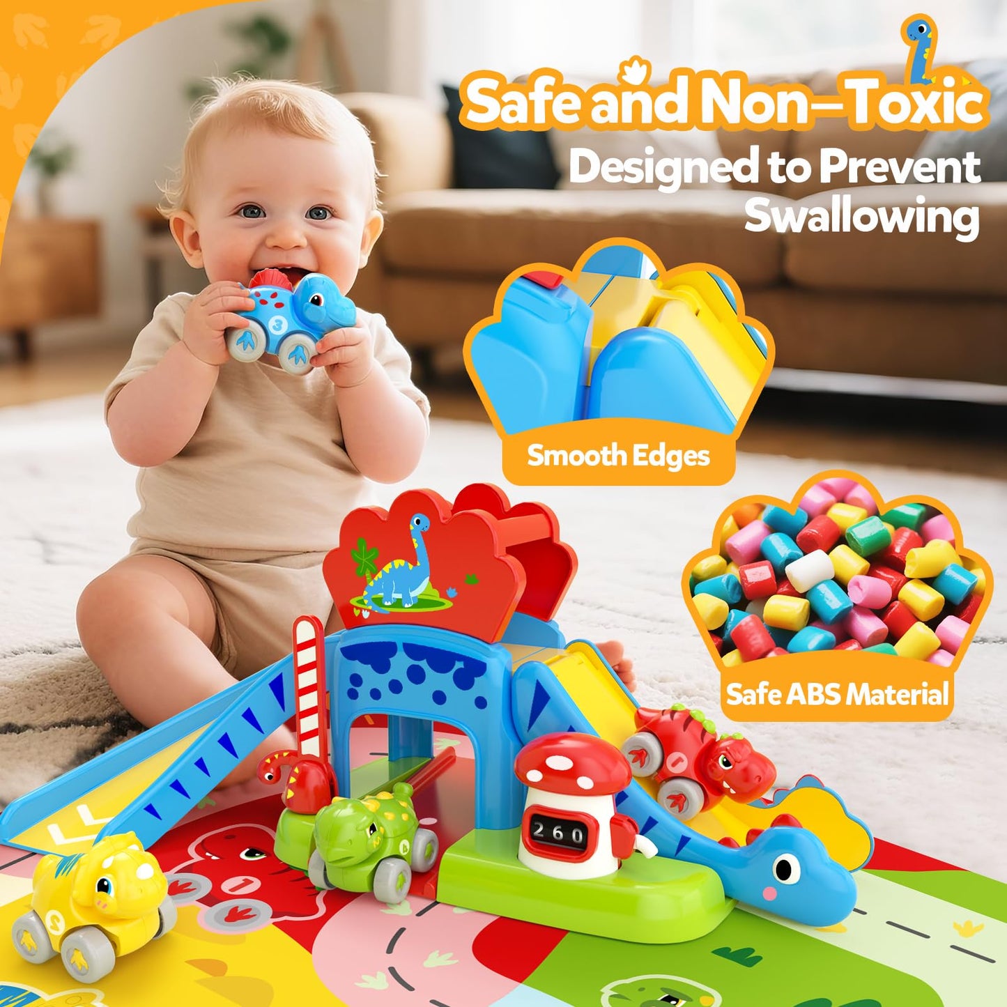 Toddler Toys for 1 Year Old Boy Gifts - Educational Dinosaur Slide Set with 4 Color/Number Push Cars and Playmat, Montessori Learning Toy for Baby 12-18 Months, 1st Birthday Present Ages 1-1.5, Red