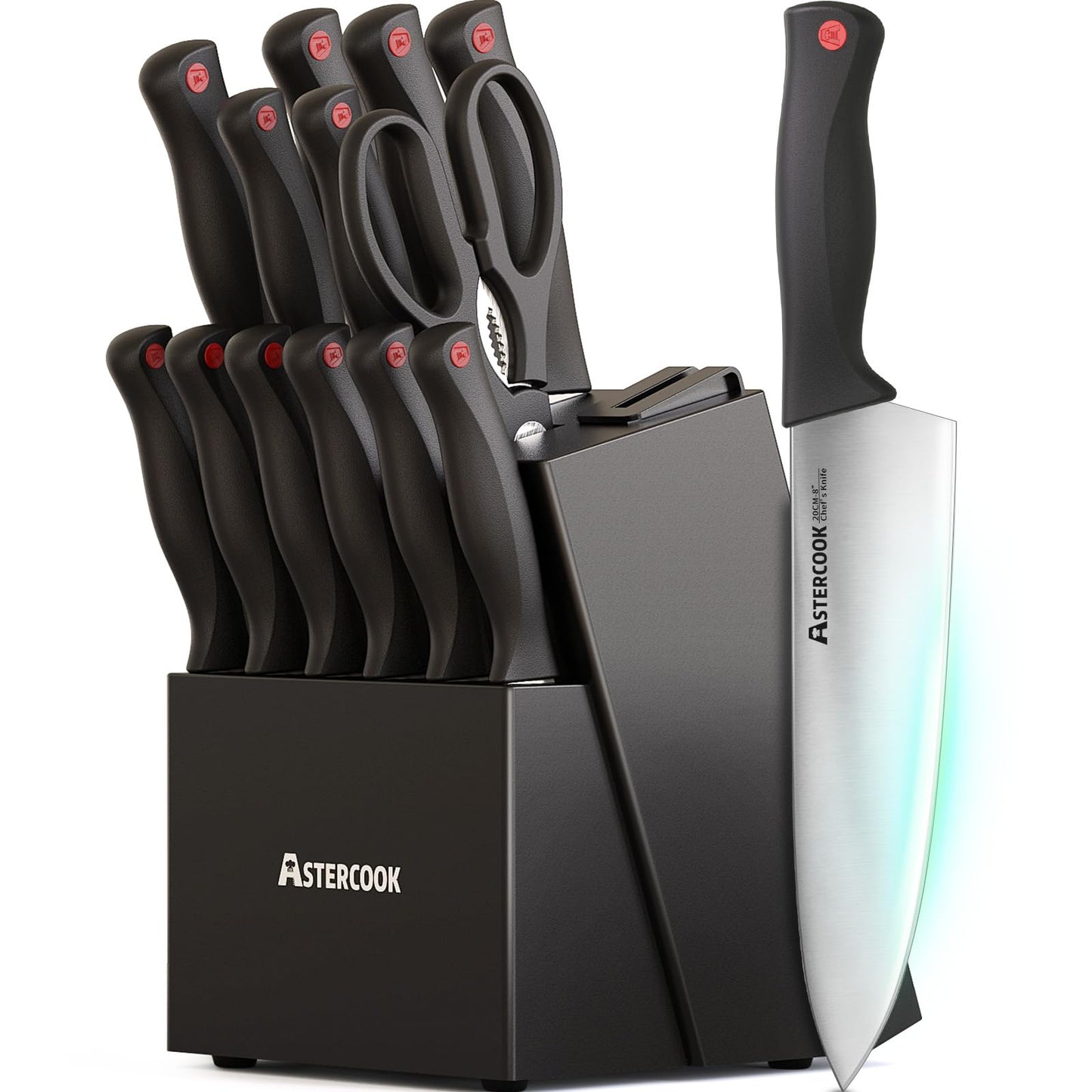 Astercook Kitchen Knife Set, 15 Pieces knives Set with Built-in Sharpener, High Carbon German Stainless Steel Chef Knife Block Sets, Sharp & Rust Resistant Dishwasher Safe Black