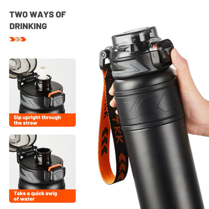 TKK 24 oz Insulated Water Bottle with Straw, Leak Proof Stainless Steel Double Wall Vacuum Thermos with Strap, Reusable Metal Sports Water Bottle for Hot & Cold Drinks, Dishwasher Safe, Black