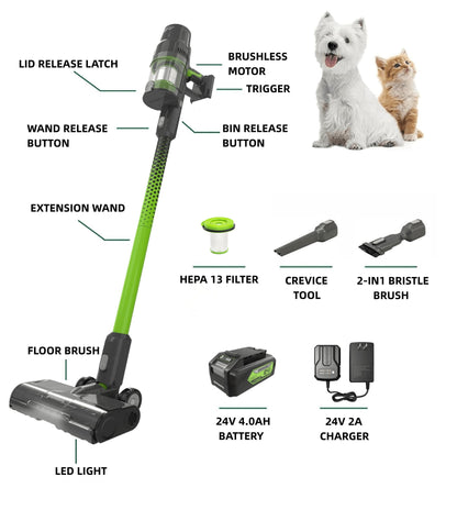 Greenworks 24V Brushless Stick Vacuum, Lightweight, Handheld, Pet, Anti-Allergen HEPA Filtration, Hard Floor, Carpet, Car, 4Ah Battery, Compact Charger