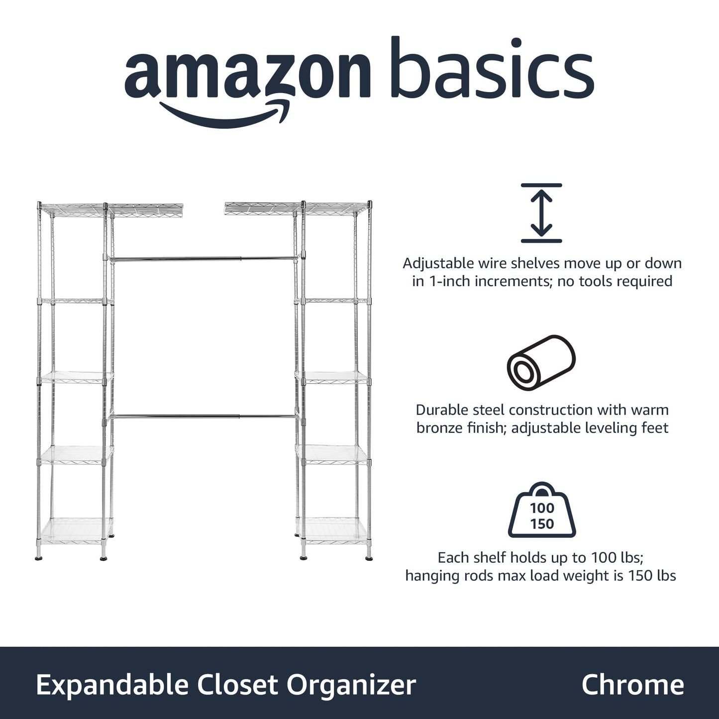 Amazon Basics Expandable Adjustable Metal Hanging Storage Organizer Rack Wardrobe with Shelves, 57-80 x 14 x 72 inches (LxWxH), Chrome