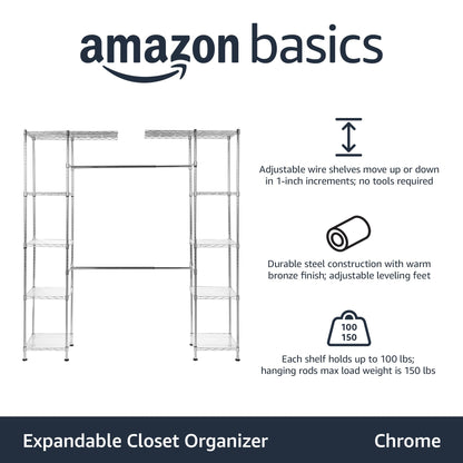 Amazon Basics Expandable Adjustable Metal Hanging Storage Organizer Rack Wardrobe with Shelves, 57-80 x 14 x 72 inches (LxWxH), Chrome