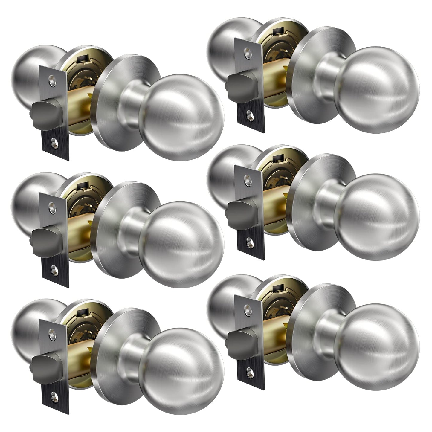 VICMEON 6 Pack Passage Door Knobs Keyless, Interior Door Lock Reversible Heavy Duty Design, Satin Stainless Steel Passage Door Knobs Interior for Closet or Hall