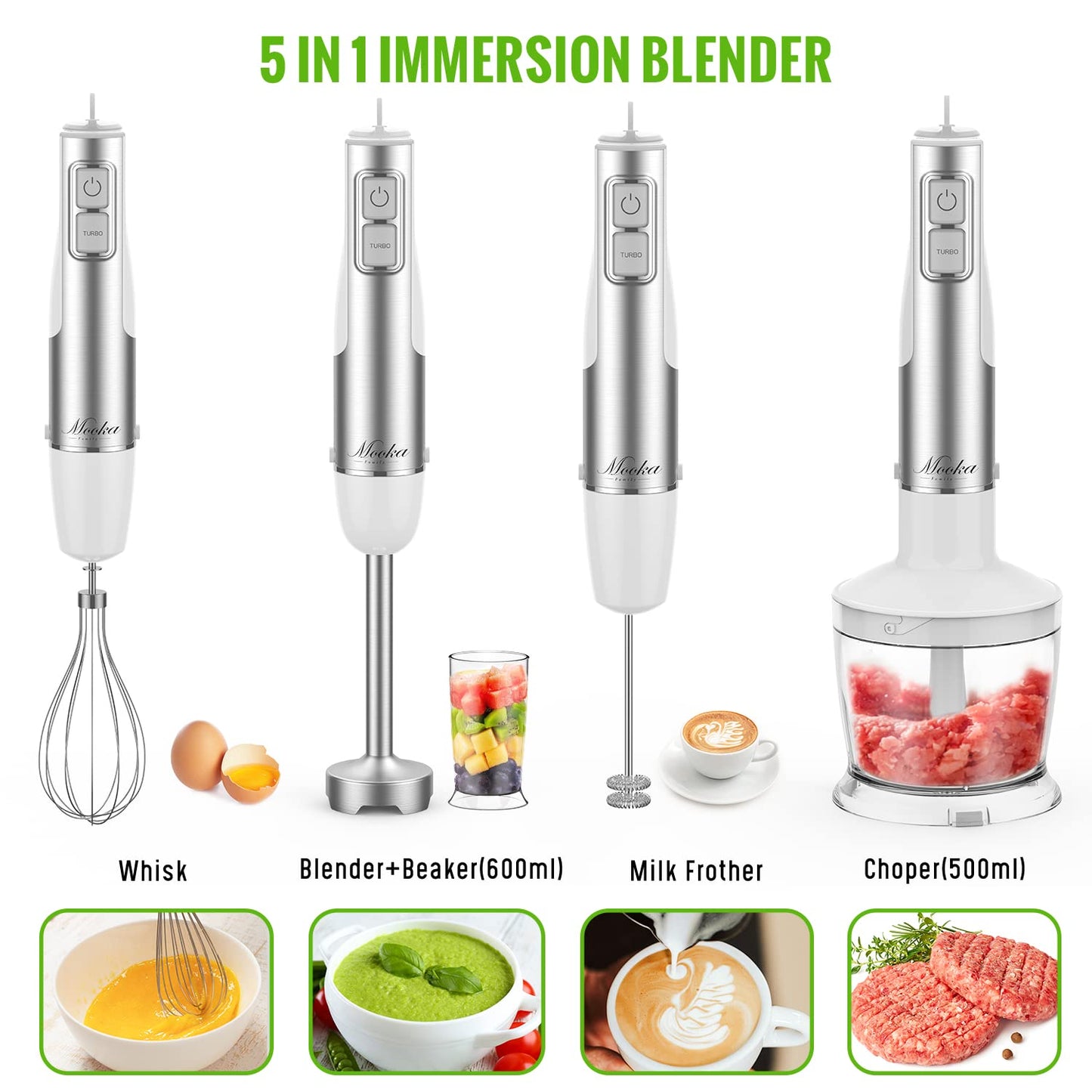 MOOKA FAMILY 5-in-1 Immersion Blender Set, 1100W 12-Speed Hand Stick Blender with 600ml Beaker, 500ml Food Processor, Egg Whisk, Milk Frother, White