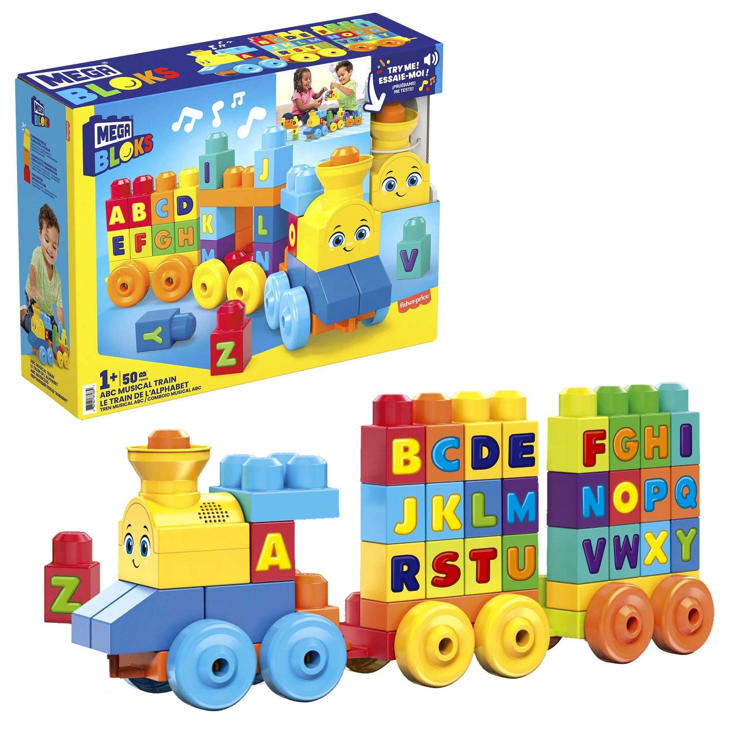 MEGA BLOKS First Builders Toddler Building Blocks Toy Set, ABC Musical Train with 50 Pieces, Music and Sounds, Ages 1+ Years