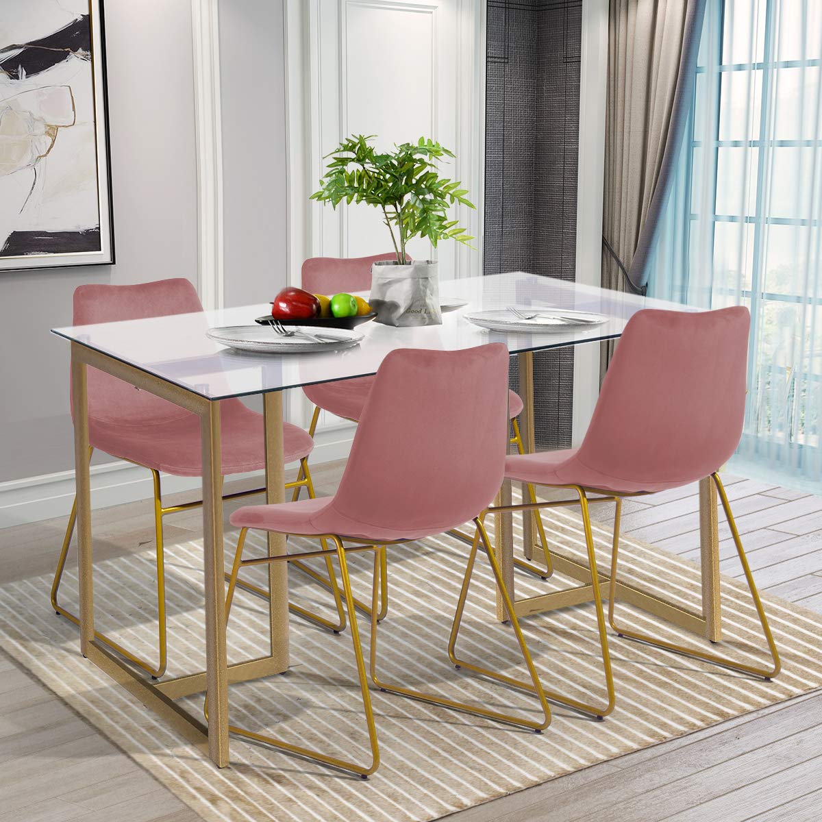 FurnitureR 47" Modern Rectangular Spacious Tempered Glass Tabletop & Gold Base Elegant Home Kitchen Room Dining Table, Gold